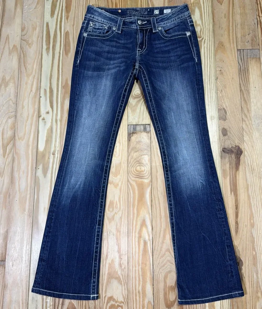 MISS ME Lace-Overlay Back-Flap Pocket Embellished Jeans Size 27